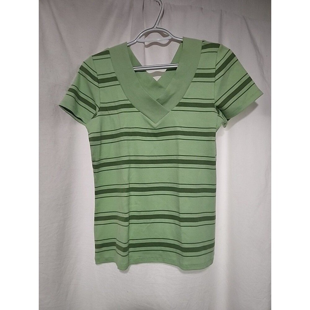 LIZ CLAIBORNE Green Striped Vneck Shirt Size M Short sleeve